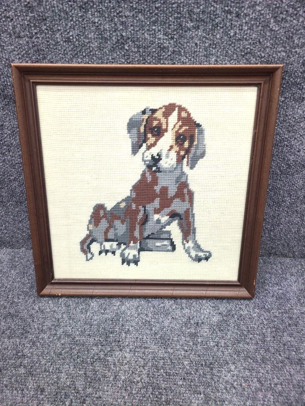 Vintage Beagle Needlepoint Wood Framed 14" X 14" Lois Solla 1972